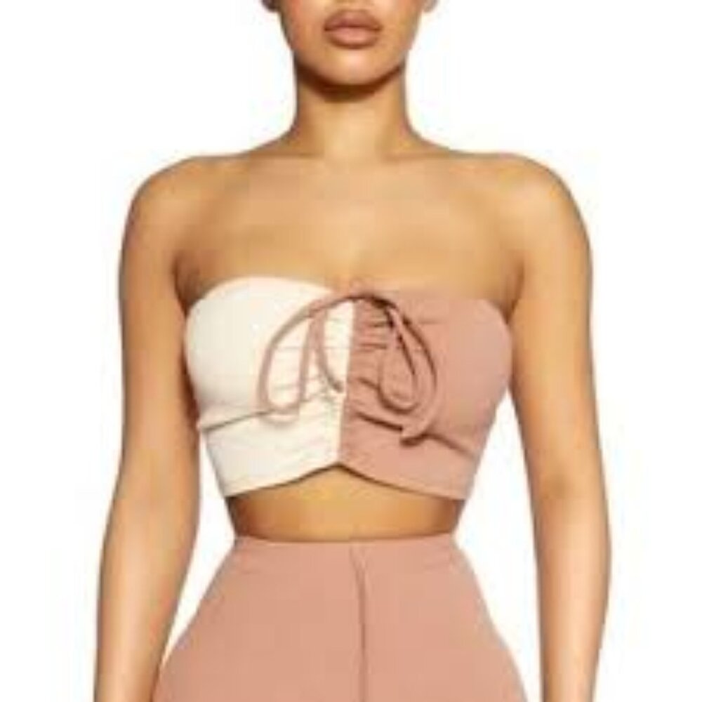 Naked Wardrobe NWOT Square Strapless Crop Top in Oatmeal/Coco, One Size